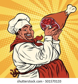African American or Hispanic cook meat leg, pop art retro vector illustration