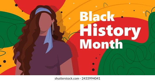 African American History or Black History Month. Celebrated annually in February. Portrait of young African American woman. Abstract geometric red, yellow, green color background.