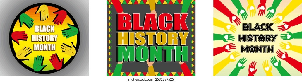 African American history. Human hands assembling text Black history month. Diverse group of people celebrating Black History Month. Set flat vector modern illustration