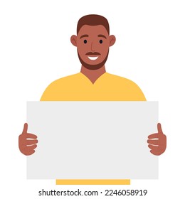 African american holding a blank poster, empty sheet of white paper or board. Vector illustration.