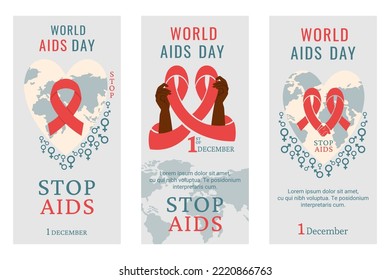 African American holding red ribbon. Band with earth in shape of heart. Set of flyers, posters with elements for World Aids day. Concept of care, support for hiv infected people. Vector illustration