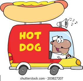 African American Hot Dog Vendor Driving Truck. Vector Illustration Isolated on white