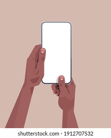 mano humana afroamericana sosteniendo un smartphone con pantalla táctil en blanco usando el concepto de teléfono móvil ilustración vectorial vertical aislada