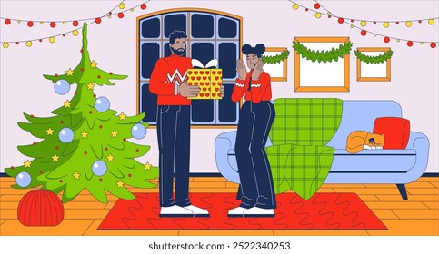 African american husband giving Christmas gift to wife flat illustration. Xmas present surprise couple black 2D characters cartoon background. X-mas holiday giftbox scene vector storytelling image