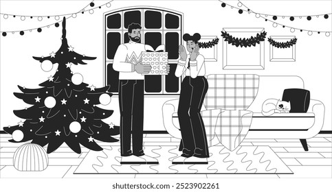 African american husband giving Christmas gift to wife black and white line illustration. Xmas present surprise couple 2D characters monochrome background. X-mas holiday giftbox outline vector image