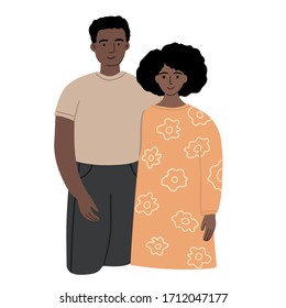 African american husband and wife family. Couple standing together and cuddling. 
Man and woman are hugging. Flat cartoon characters isolated on white background. Colored vector stock illustration.