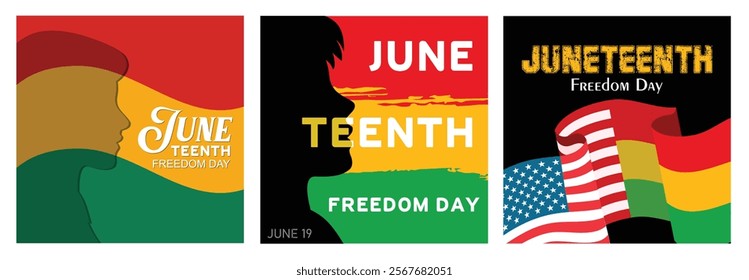 African American Independence Day. The African flag and human silhouette become symbols. The end of slavery in America in 1865. Juneteenth concept. Set flat vector illustration.