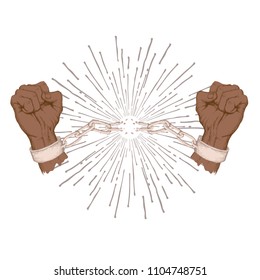 African American Independence Day, June 19. Freedom And Liberation Day. Raised Hands Breaking The Chain, Shackles. Hand Drawn Silhouette Sketch Style Drawing On White Background.