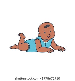 African american infant age child lying, sketch cartoon vector illustration isolated on white background. Child learned to hold his head as stage of baby development.