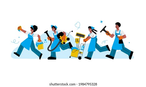 African american janitors team in rubber glove rush to help.Group of men and woman in uniform run to clean up house after party, office room.Vector flat illustration.