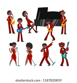 African American jazz band, black men and women singing, different musical instruments vector Illustration on a white background