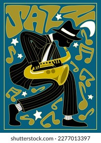 African American jazz musician playing the saxophone on green background. Vector illustration.
