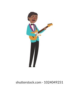 African American jazz musician wearing retro elegant suit playing guitar vector Illustration