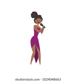 African American jazz singer, beautiful woman in purple dress singing into microphone vector Illustration