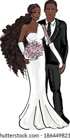 African American just married couple, bride and groom, cartoon vector illustration isolated on white background. Black bride and groom in fashionable clothing getting married