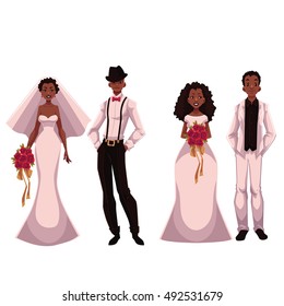 African American just married couple, set of brides and grooms, cartoon vector illustration isolated on white background. Two African brides and two grooms in fashionable clothing getting married