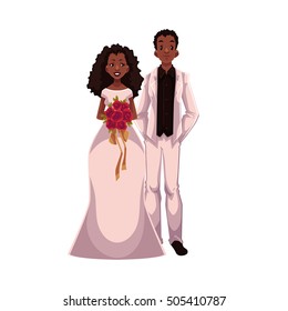 African American Just Married Couple, Bride And Groom, Cartoon Vector Illustration Isolated On White Background. Black Bride And Groom In Fashionable Clothing Getting Married