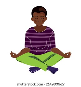 African American Kid doing yoga, meditating.Little boy sitting in lotus position.Children's physical development and Mental health concept.Vector cartoon illustration