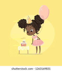 African American Kid Girl Blow Birthday Cake Candle Holding Balloon. Cute Baby Girl Blowing out Birth Party Cupcake. Child Preschool Character in Pink Dress Poster Card Design Flat Cartoon Vector.