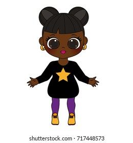 African american kid girl in fashionable clothes. illustration for kids fashion, prints, textile. Cute kawaii style