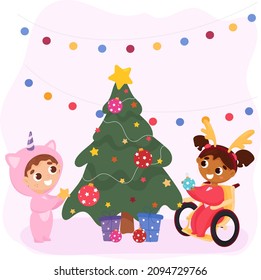 African american kid with sister in wheelchair decorate christmas tree. Vector illustration
