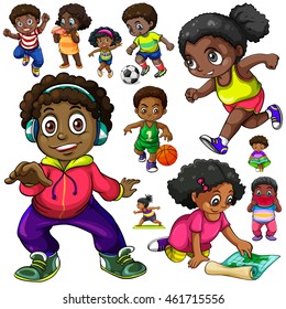 African American kids doing different things illustration