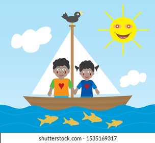 African American kids, girl and boy on sailing adventure