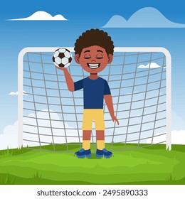 African American kids playing football sport character bring ball