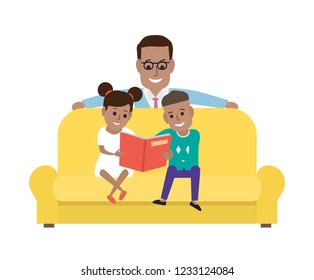african american kids reading book with father