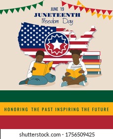 African american kids are reading books, learning history of Juneteenth at United States of America map, flag. 19 June, 1865 - Freedom Day, slavery abolition, dark skinned people emancipation. Vector.