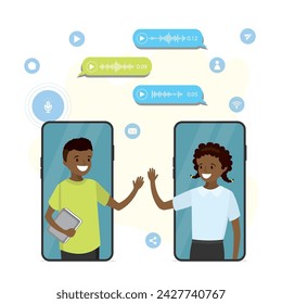 Niños afroamericanos hablando en las redes sociales. Aplicación para mensajería de voz. Tecnología en línea, chat global. Citas en línea. Cuentas de redes sociales, relación. Los adolescentes se comunican. Ilustración de vector