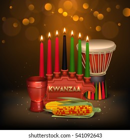 African american kwanzaa holiday celebration colorful festive background poster with kinara candles light and food vector illustration 