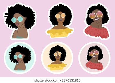 African American ladies sticker set. Beautiful young African American women. Stylish, elegant girls in glasses. Decor, banner, sticker, brochure, poster, card. Vector illustration.