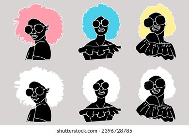 African American ladies sticker set. Colourful, black and white stickers. Beautiful young African American women. Decor, banner, sticker, brochure, poster, card. Vector illustration.