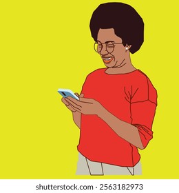 
African American lady with afro checking her cell phone messages 