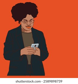 An African American lady in afro checking her mobile phone calls