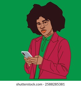 African American lady in afro hair holding a mobile phone