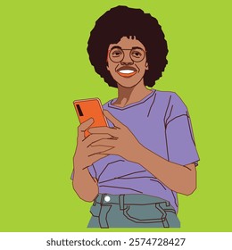 An African American lady with beautiful afro hair, holding her phone and reading messages with a warm smile, exuding joy and positivity in a relaxed and casual setting.