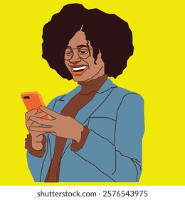 An African American lady with beautiful Afro hair wearing a cozy brown turtleneck, holding her phone and checking it with a focused yet relaxed expression, set in a warm and casual environment.