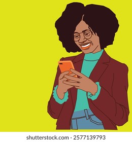 An African American lady with a beautiful Afro hairstyle, dressed in a sleek brown suit, is checking her phone messages with a focused yet pleasant expression.