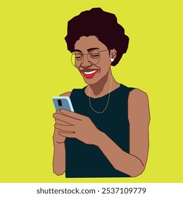 Una mujer afroamericana con un teléfono celular sonriendo mientras revisa sus mensajes mientras usa gafas