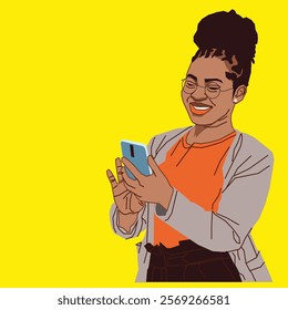 African American lady checking her mobile phone messages. Looking so happy at the same time 