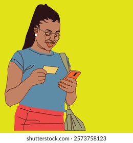 An African American lady with a confident smile, holding a card in one hand and a cell phone in the other, exuding professionalism and ease in a vibrant, modern setting.