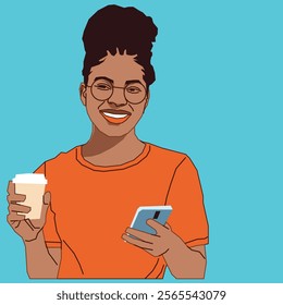 
African American lady with a cup of coffee with and a cell phone smiling