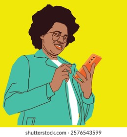 An African American lady dressed in a chic light green suit, holding her cell phone and checking it with a focused yet relaxed expression, set in a modern and professional setting.