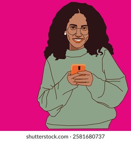 An African American lady in a green hoodie, smiling as she reads her phone messages, exuding warmth and positivity in a relaxed and casual setting.