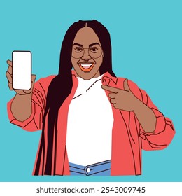 An African American lady holding a cell phone pointing at the screen smiling while wearing glasses