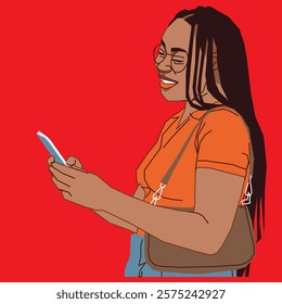 An African American lady with long, flowing hair, holding her cell phone and checking it with a focused yet relaxed expression, set in a casual and modern environment.