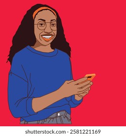 An African American lady with long hair, smiling as she reads her phone messages, exuding warmth and positivity in a relaxed setting.