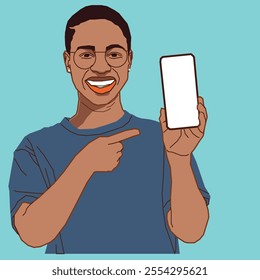 An African American lady with a low-cut hair pointing at her mobile phone happy